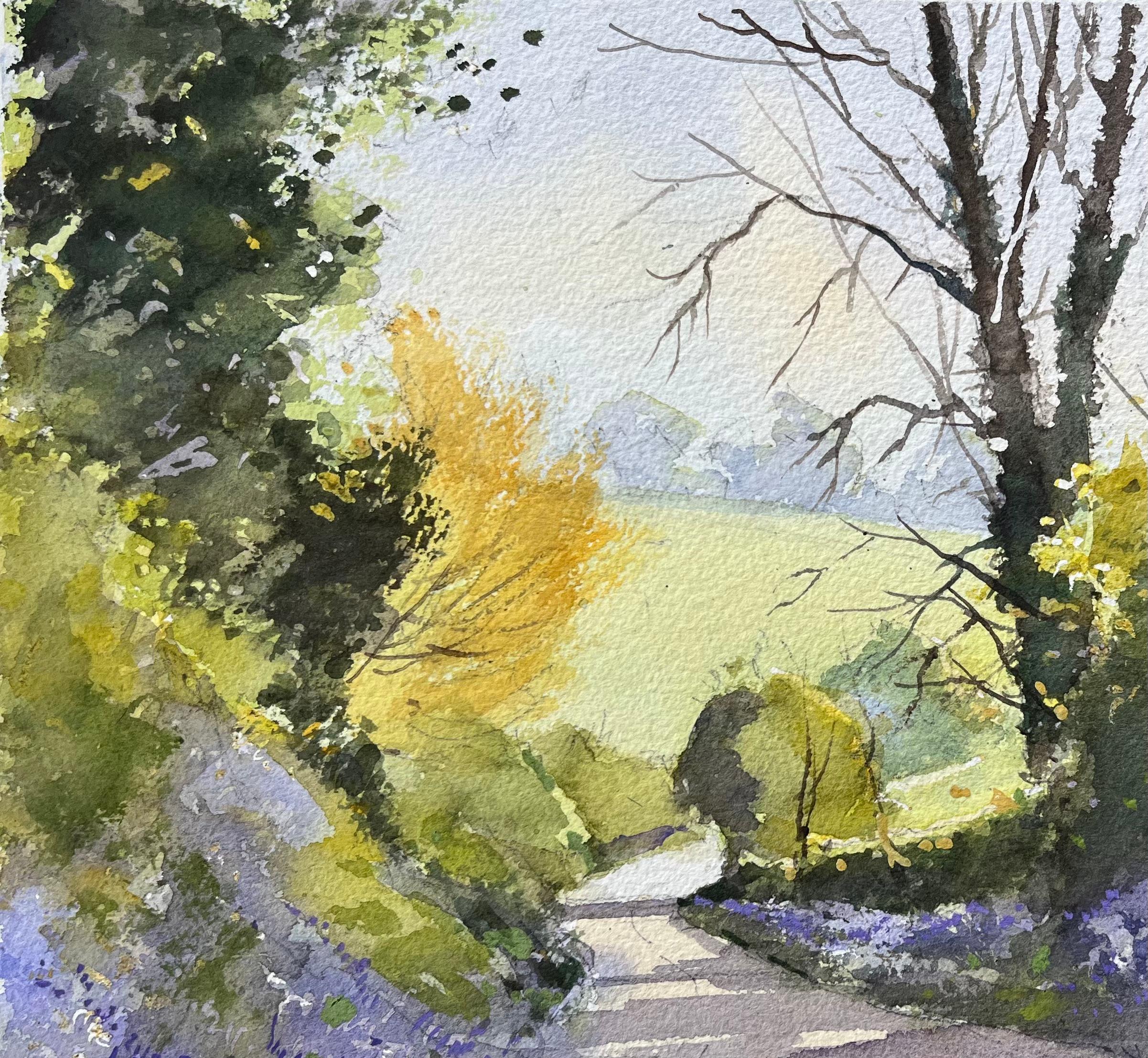 Titre : Aquarelle impressionniste britannique d'un chemin de campagne avec des jacinthes printanières.
par Anthony Avery (britannique 1946-2023)
Aquarelle originale sur papier d'artiste, non encadrée
Dimensions : 11,5 x 15 pouces (hauteur x