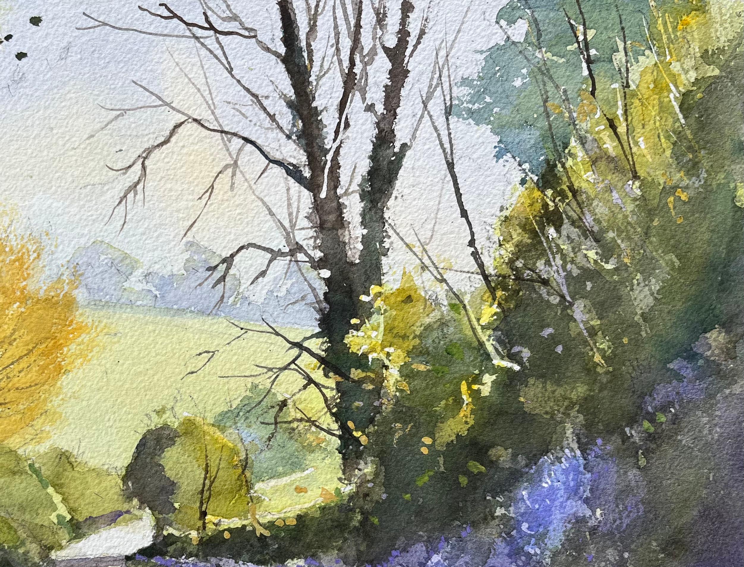 Aquarelle impressionniste britannique d'un chemin de campagne avec des jacinthes printanières en vente 1