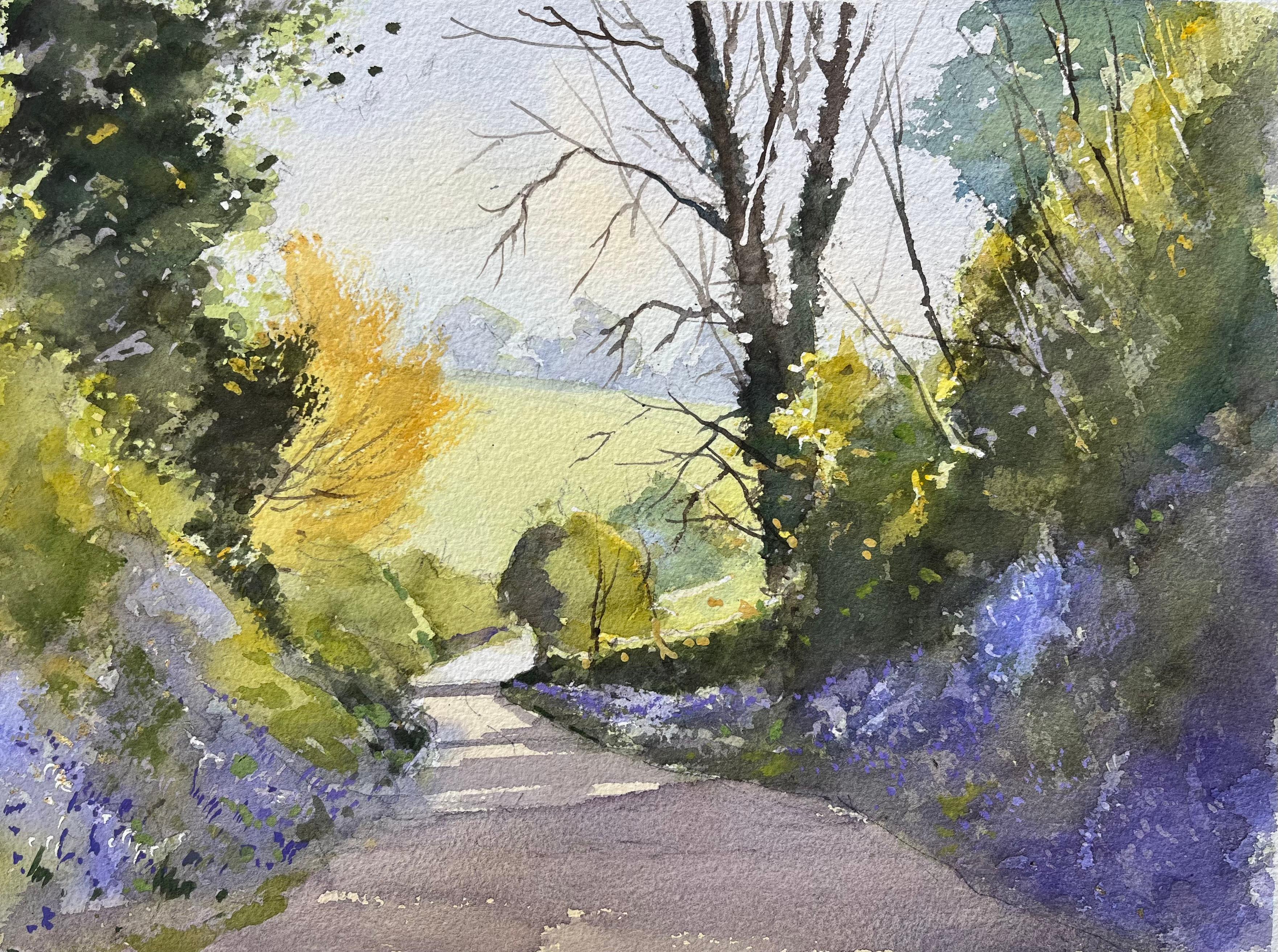 Britischer Impressionist Aquarell eines Country Lane's mit Frühlingsblaublumen