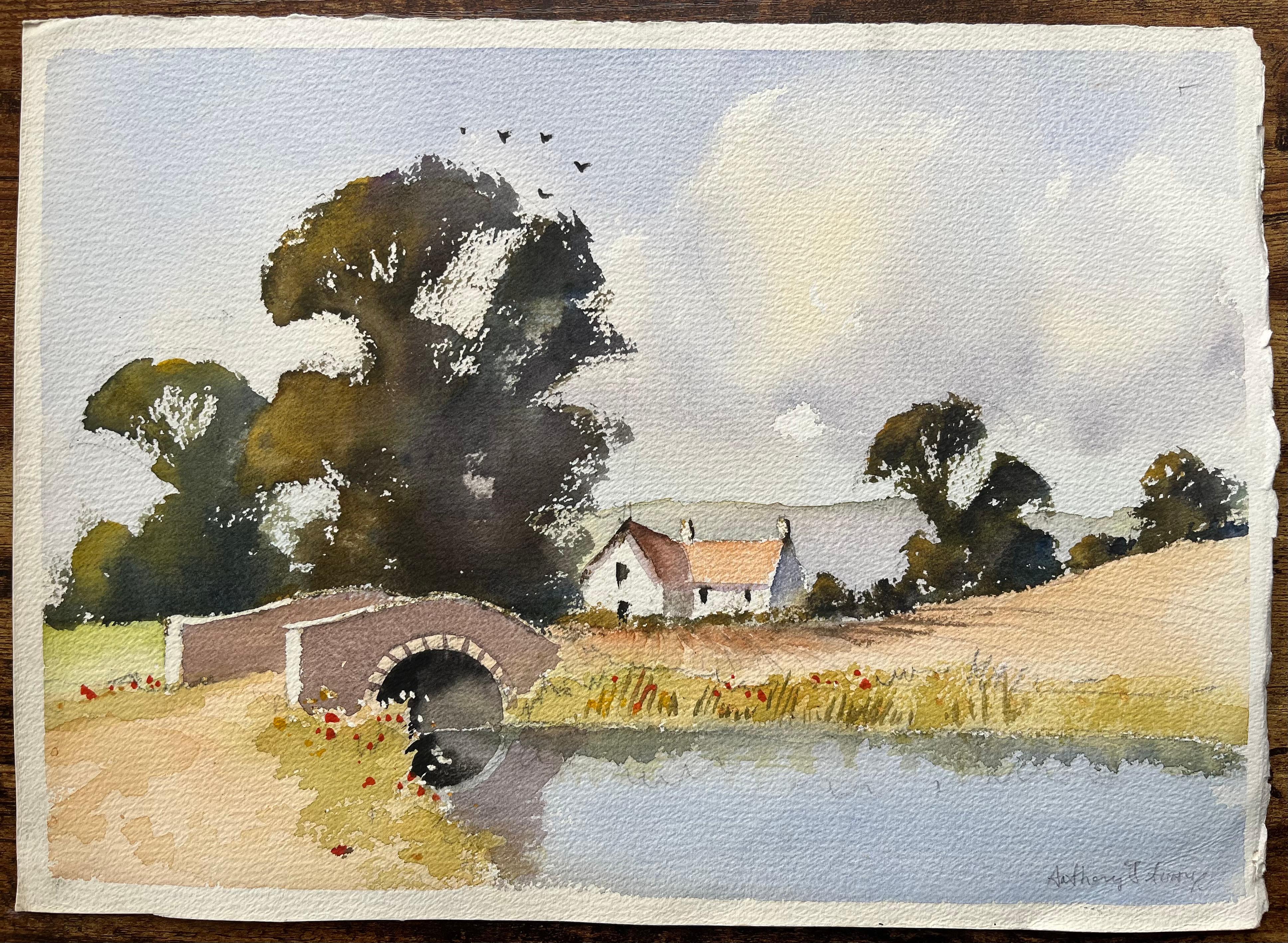 Aquarelle impressionniste britannique d'un pont de campagne avec un cottage - Painting de Anthony Avery