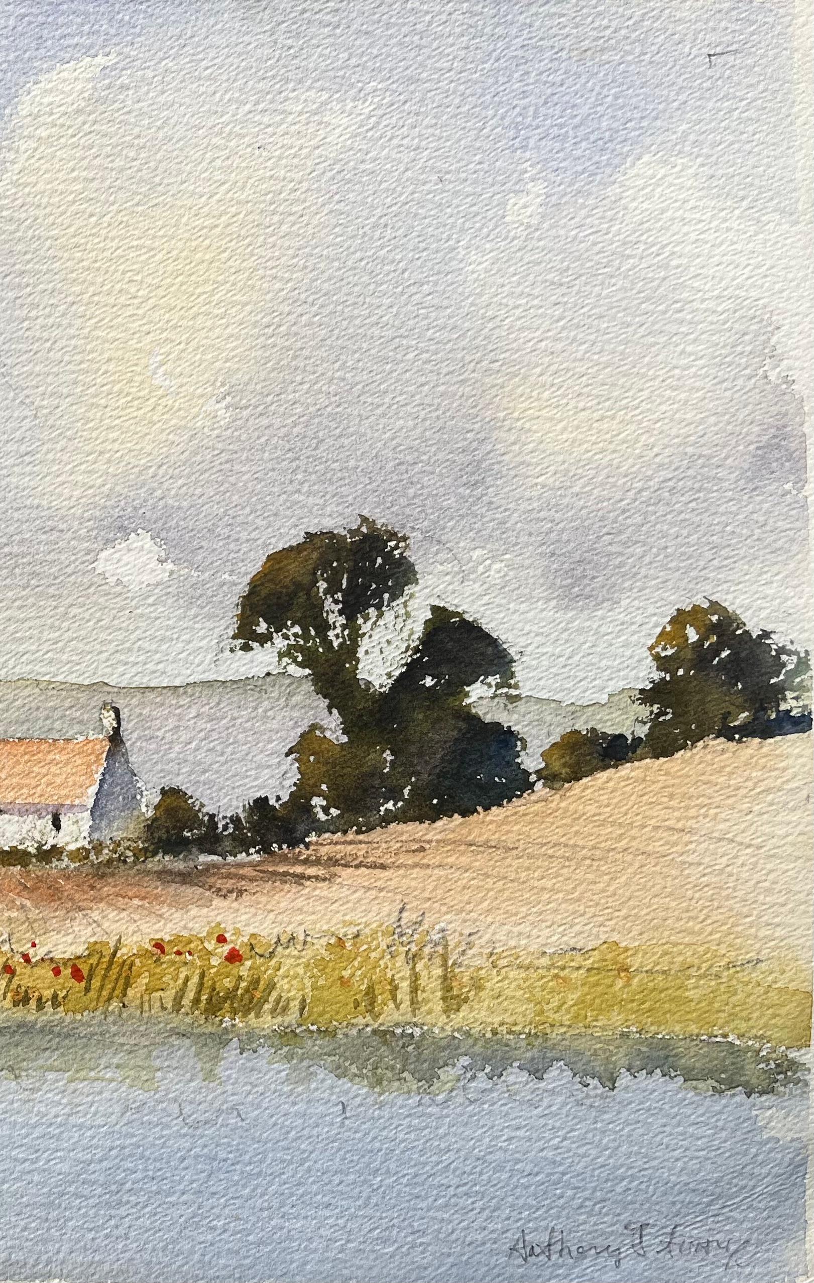 Aquarelle impressionniste britannique d'un pont de campagne avec un cottage - Impressionnisme Painting par Anthony Avery