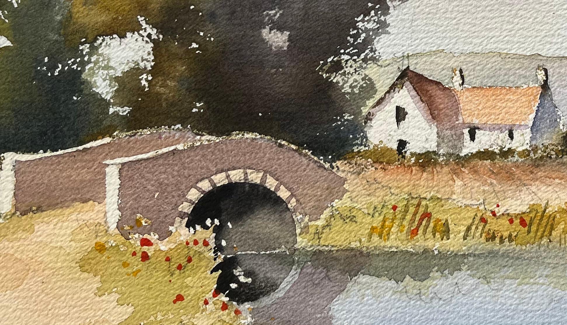 Aquarelle impressionniste britannique d'un pont de campagne avec un cottage en vente 1