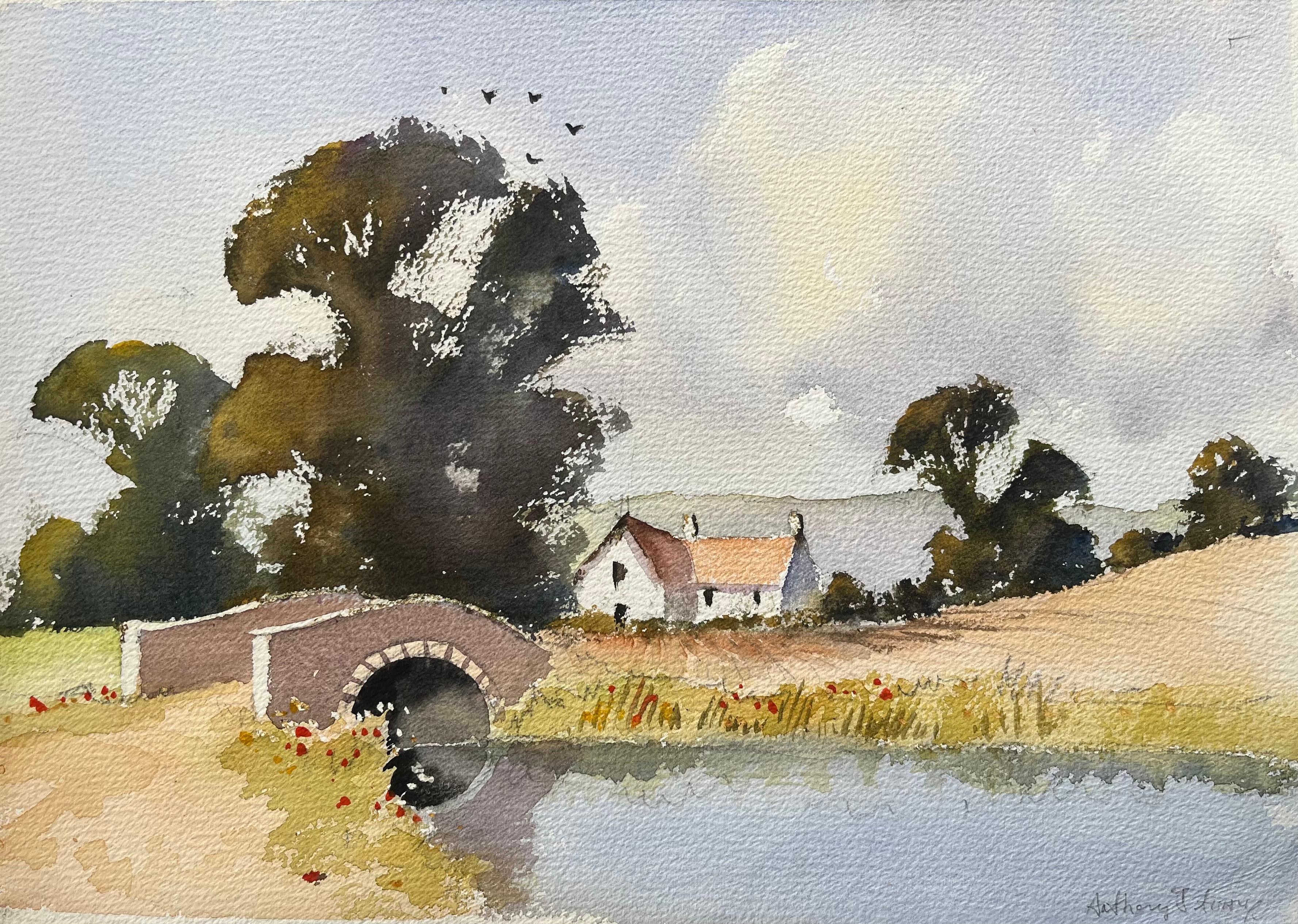 British Impressionist Watercolor of a Countryside Bridge with Cottage