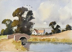 British Impressionist Watercolor of a Countryside Bridge with Cottage