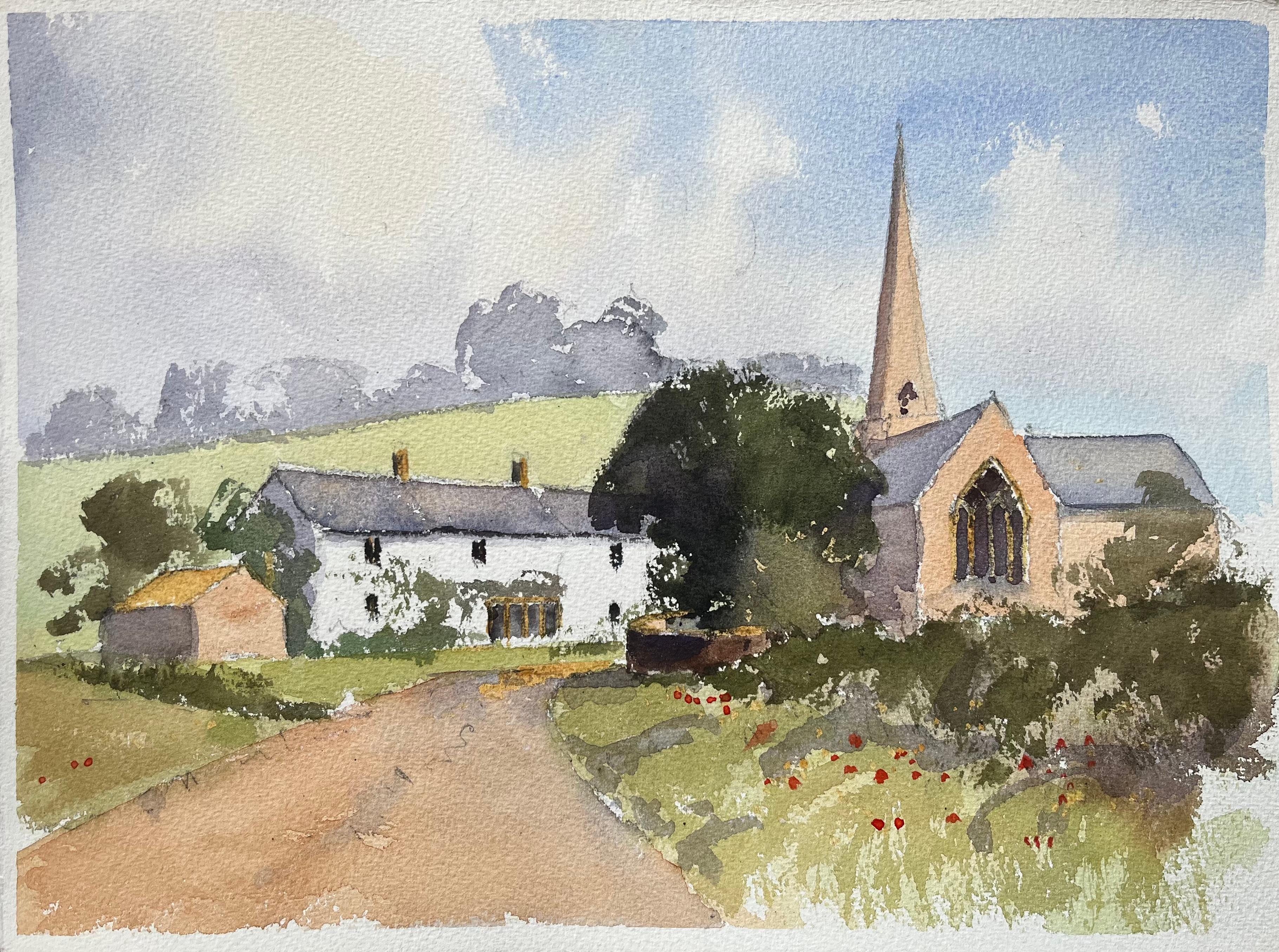 Landscape Painting de Anthony Avery - Acuarela impresionista británica de una escena campestre de iglesia y granja
