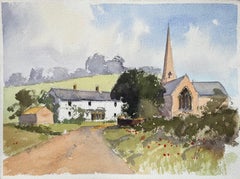Britischer Impressionist Aquarell einer ländlichen Kirche und Bauernhaus-Szene