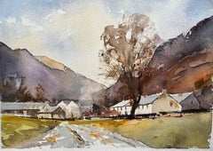 Britischer Impressionist: Aquarell eines ländlichen Weilers inmitten sanfter Hügel