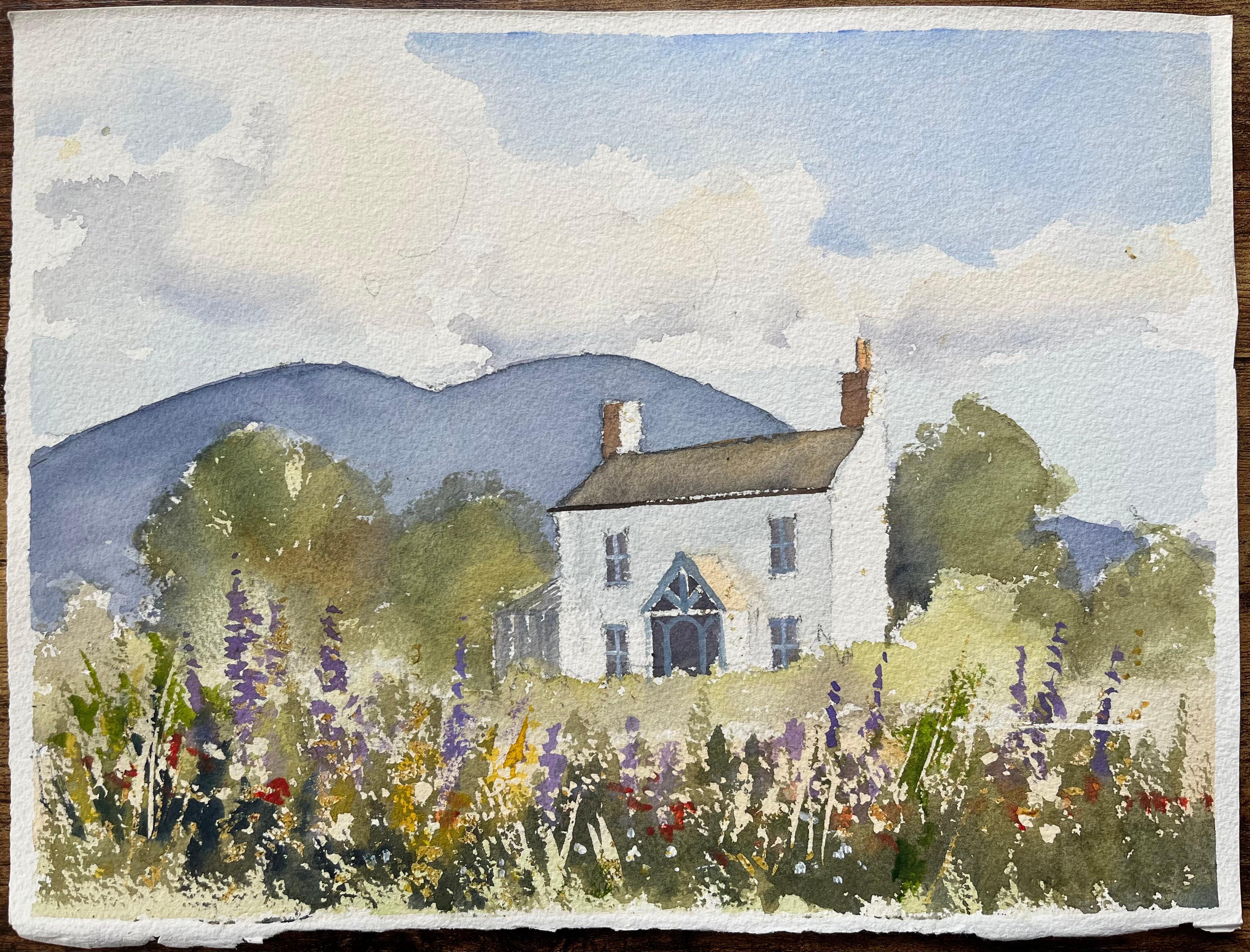 Acquerello impressionista britannico di una casa di campagna con fiori selvatici - Painting di Anthony Avery
