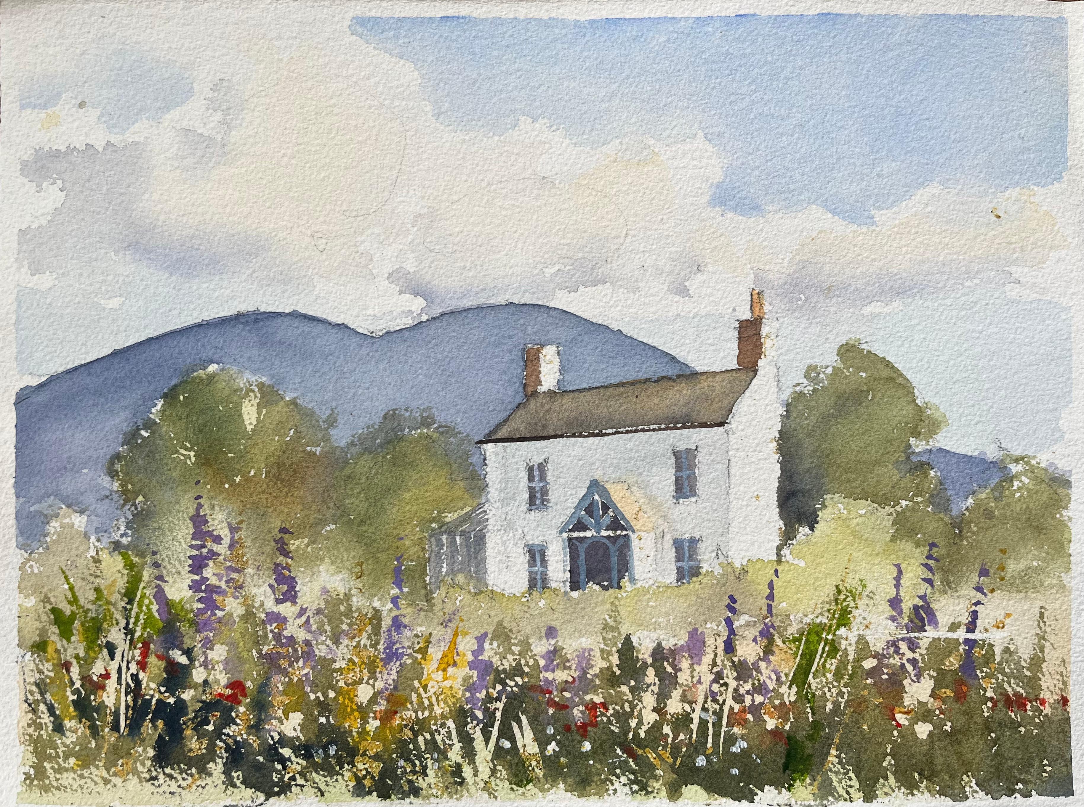 Landscape Painting di Anthony Avery - Acquerello impressionista britannico di una casa di campagna con fiori selvatici