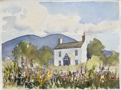 Aquarelle impressionniste britannique d'une maison de campagne avec des fleurs sauvages