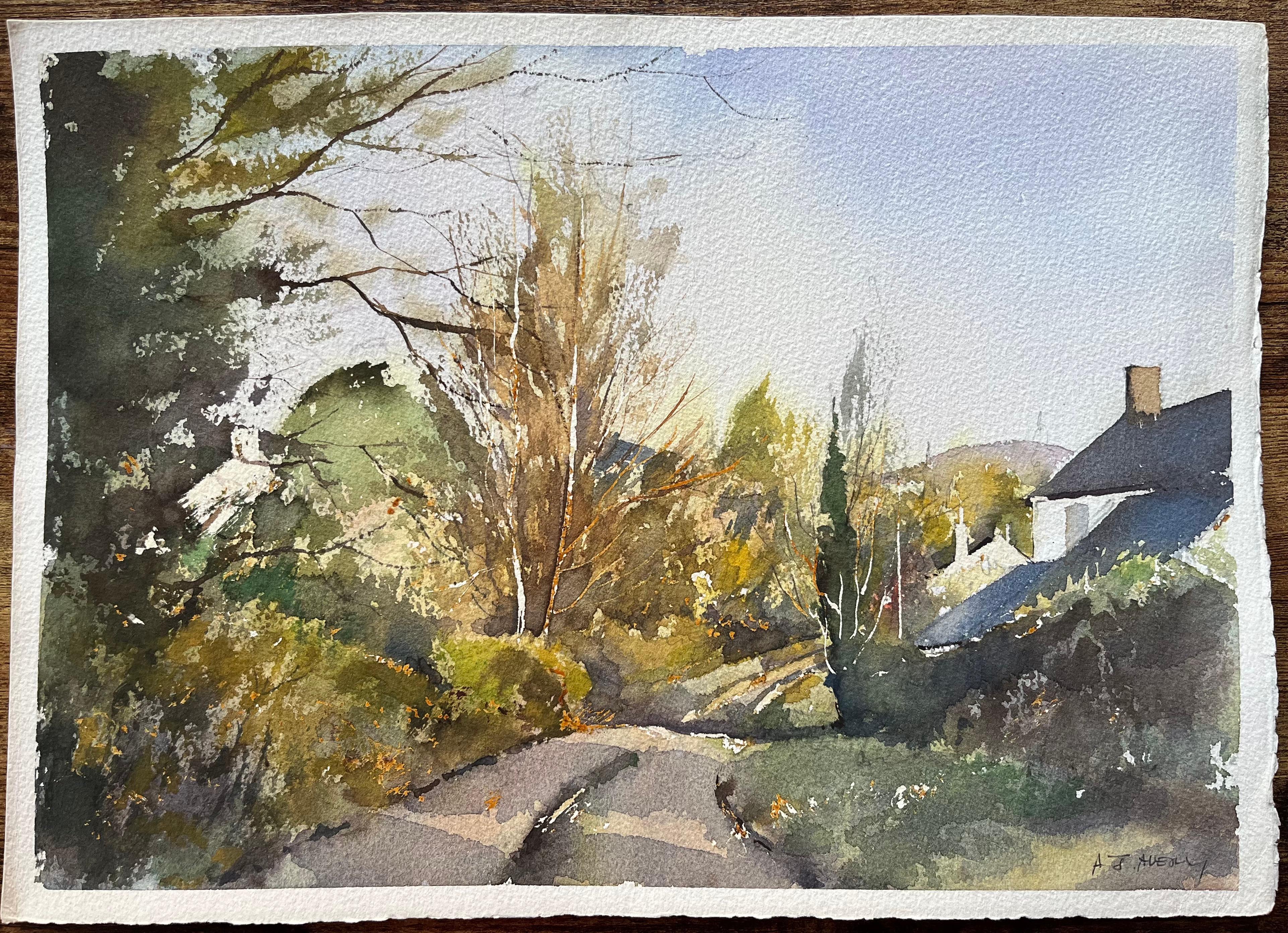 Acuarela impresionista británica de un camino rural y una casa de campo en otoño - Painting de Anthony Avery