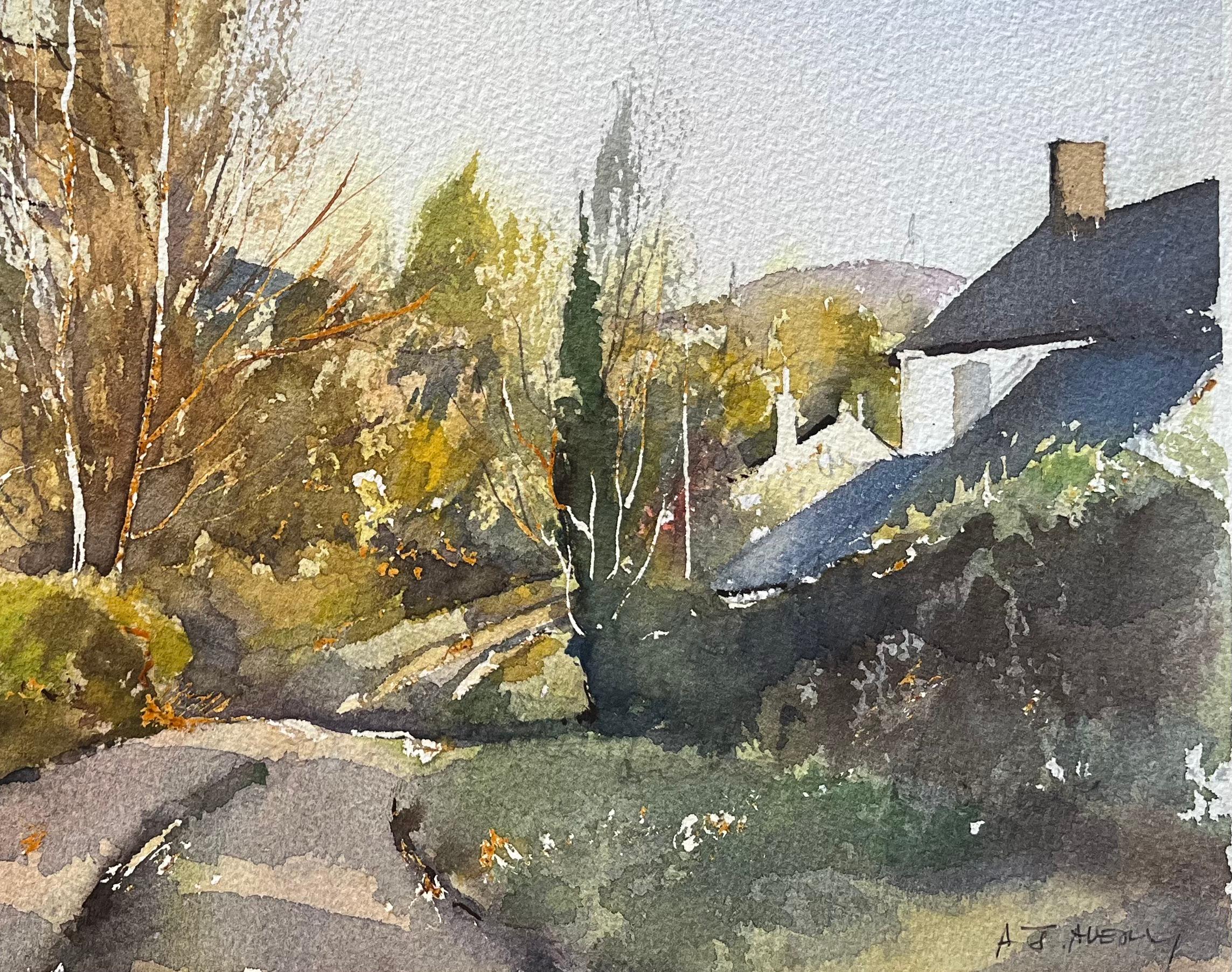 Acuarela impresionista británica de un camino rural y una casa de campo en otoño - Painting Impresionista de Anthony Avery
