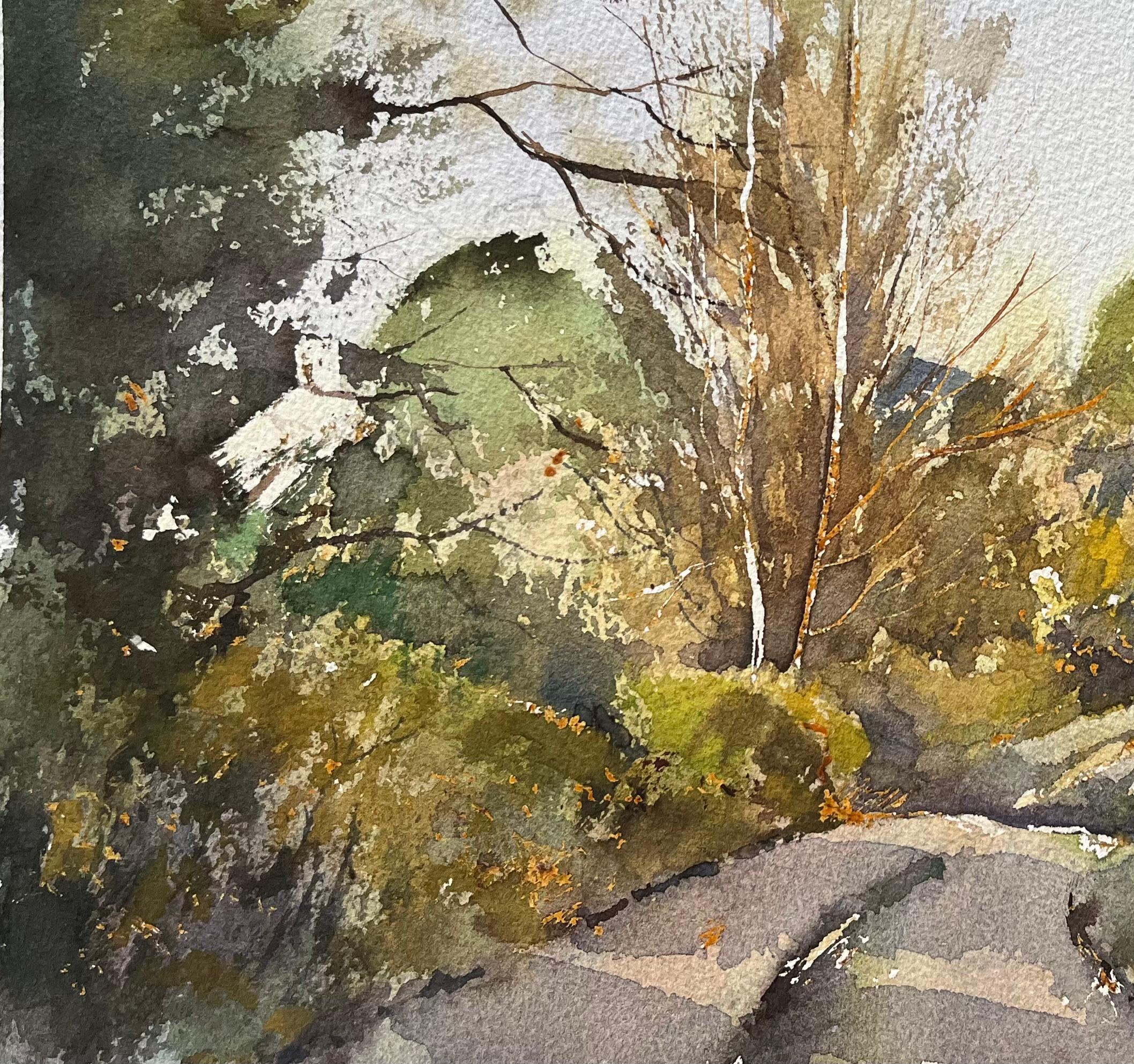 Título: Acuarela impresionista británica de un camino rural y una casa de campo en otoño
Por Anthony Avery (británico 1946-2023)
Acuarela original sobre papel de artista, sin enmarcar
Firmado: Sí
Dimensiones: 11 x 15,5 pulgadas (Alto x