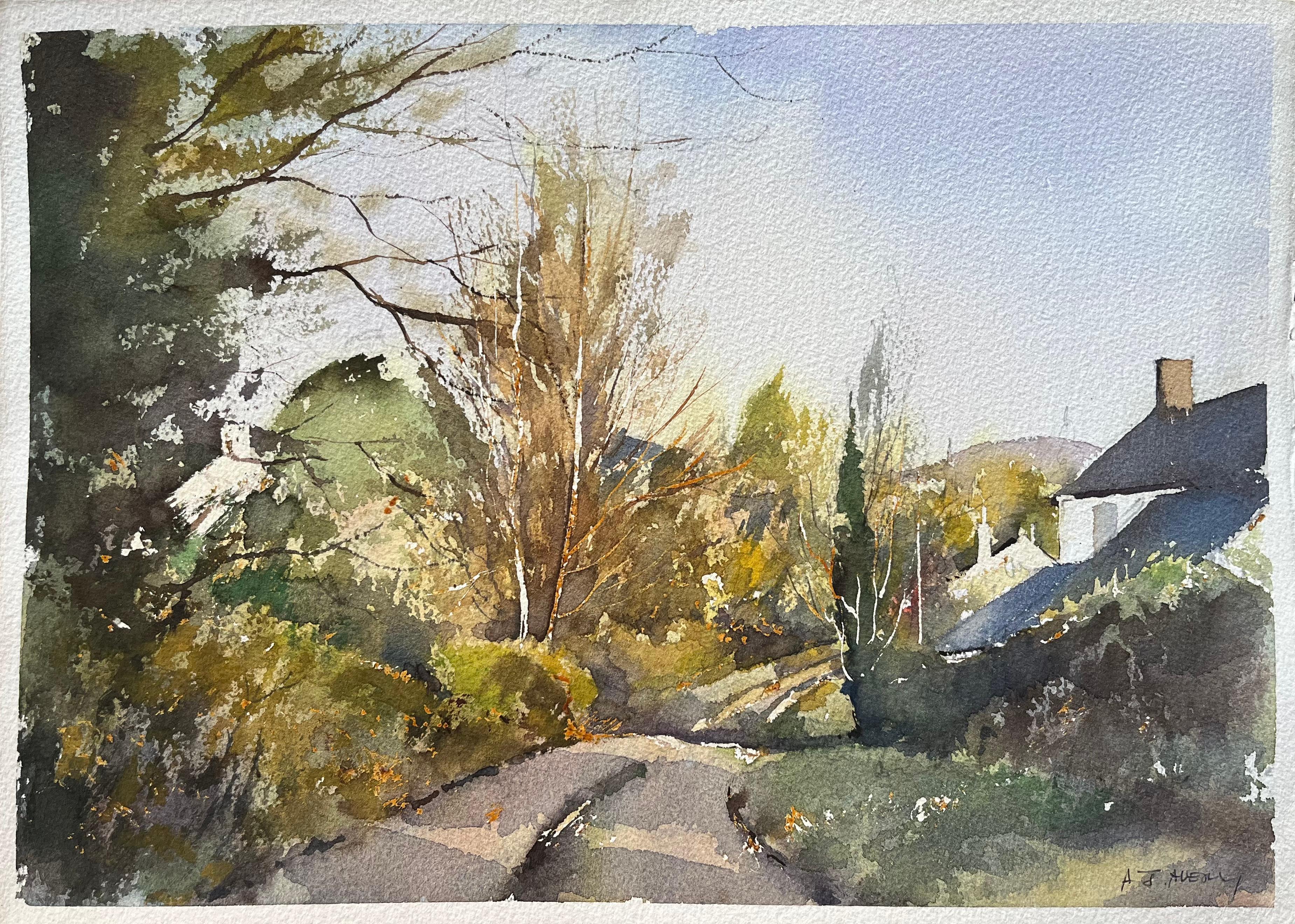 Landscape Painting de Anthony Avery - Acuarela impresionista británica de un camino rural y una casa de campo en otoño