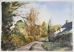 Britisches impressionistisches Aquarell eines Landhauses und eines Bauernhauses in Herbst