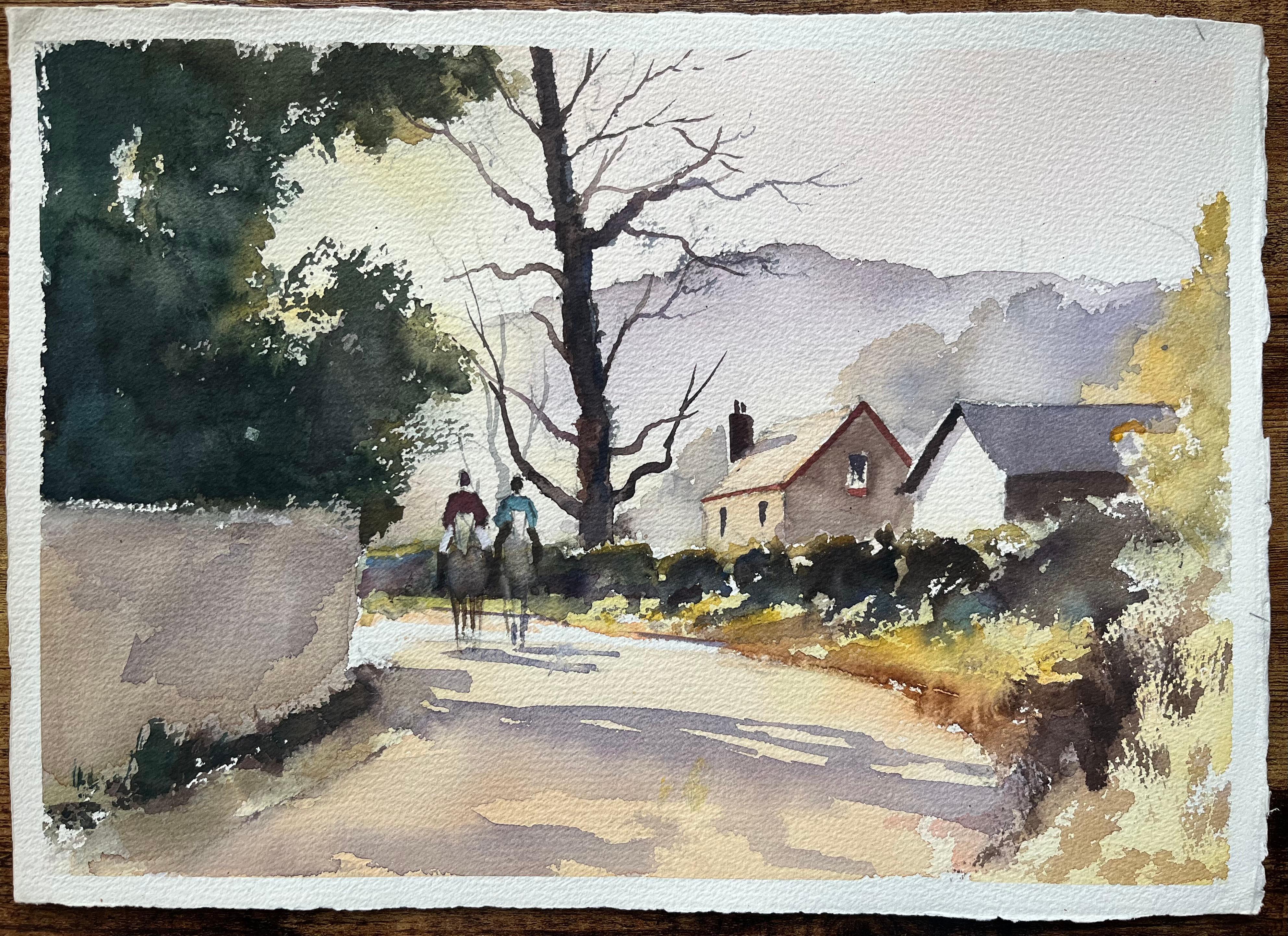 Acuarela impresionista británica de un carril rural con jinetes y casas de campo - Painting de Anthony Avery