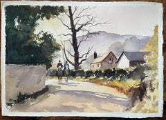 Aquarelle impressionniste britannique d'un chemin de campagne avec cavaliers et chalets