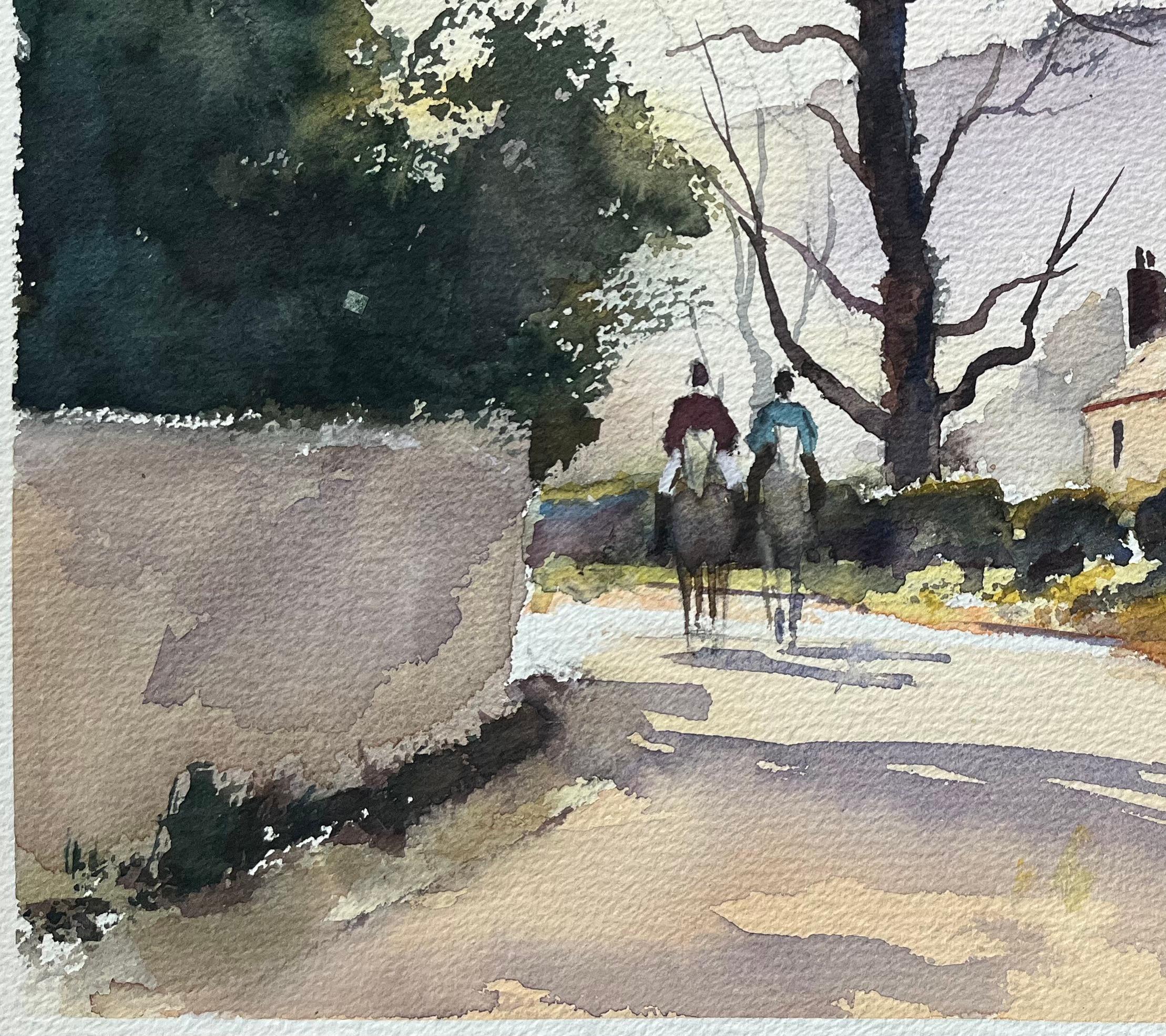 Acuarela impresionista británica de un carril rural con jinetes y casas de campo - Painting Impresionista de Anthony Avery