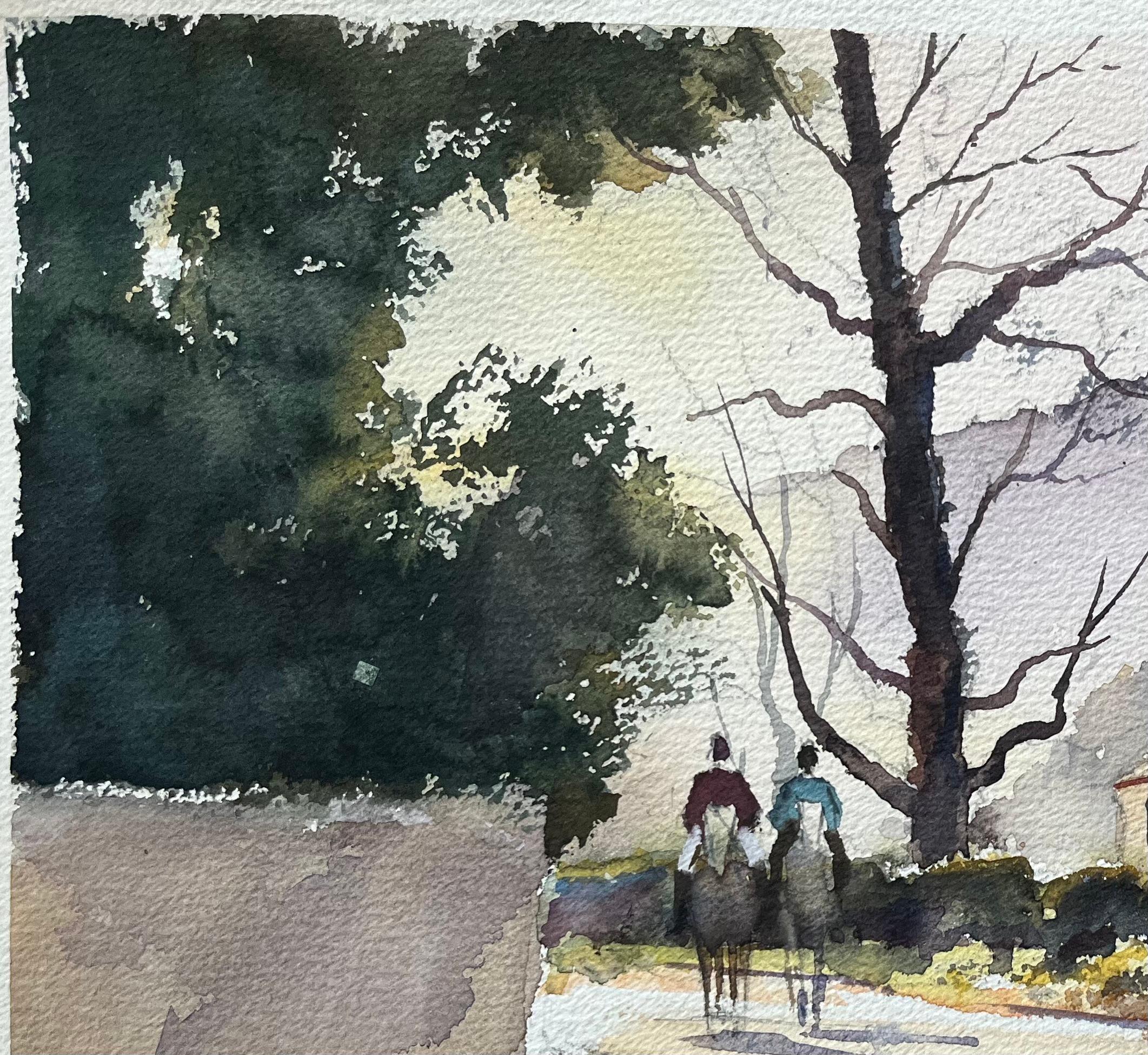 Acuarela impresionista británica de un carril rural con jinetes y casas de campo - Landscape Painting Gris de Anthony Avery