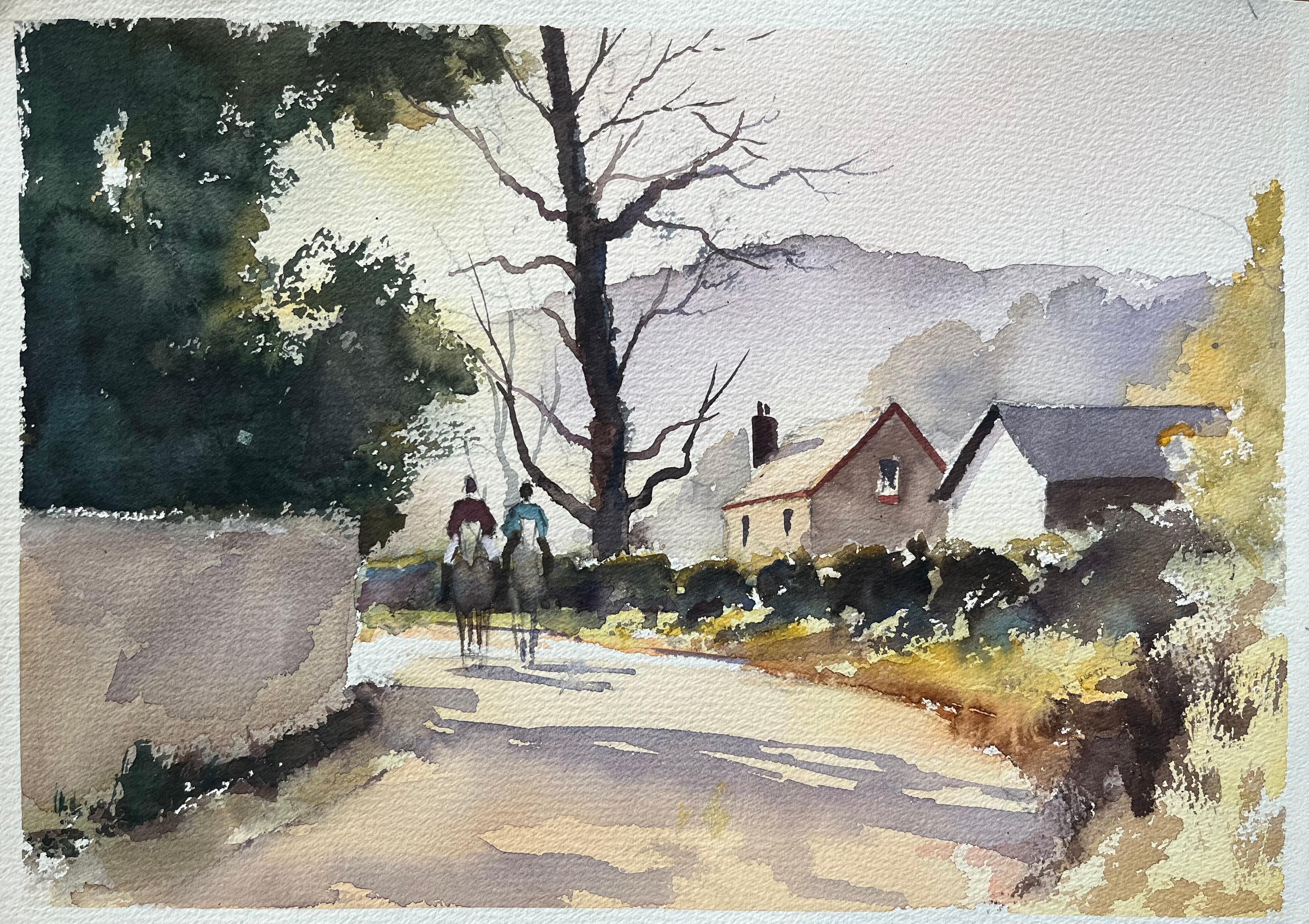 Landscape Painting de Anthony Avery - Acuarela impresionista británica de un carril rural con jinetes y casas de campo