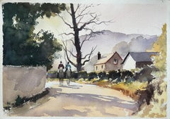 Britischer Impressionist Aquarell einer ländlichen Lane's mit Reitern und Häusern