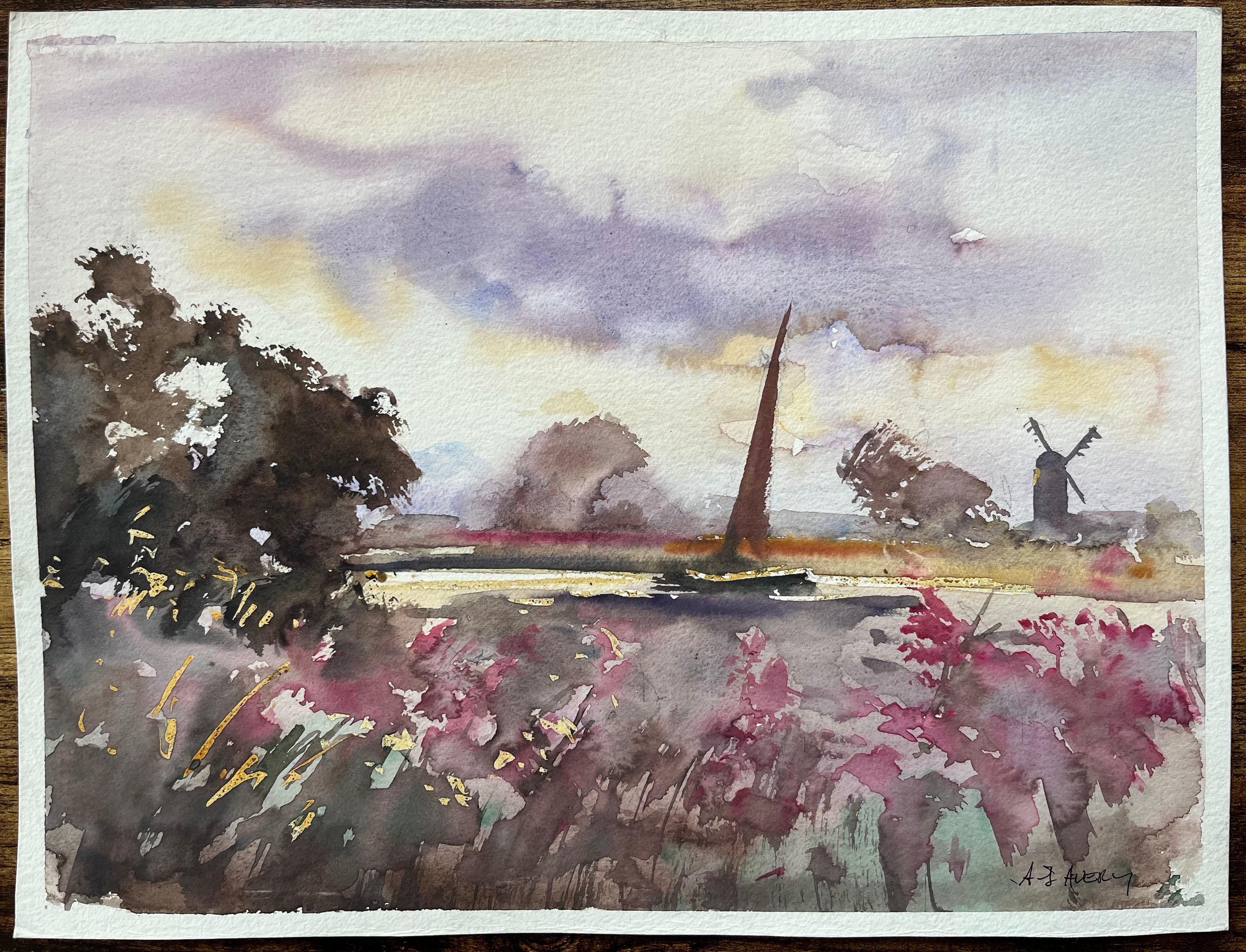 Aquarelle impressionniste britannique d'une scène de campagne avec moulin à vent - Painting de Anthony Avery
