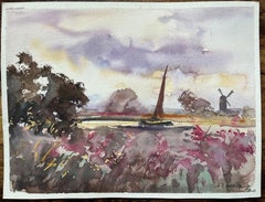 British Impressionist Watercolor of a Countryside Scene with Windmill