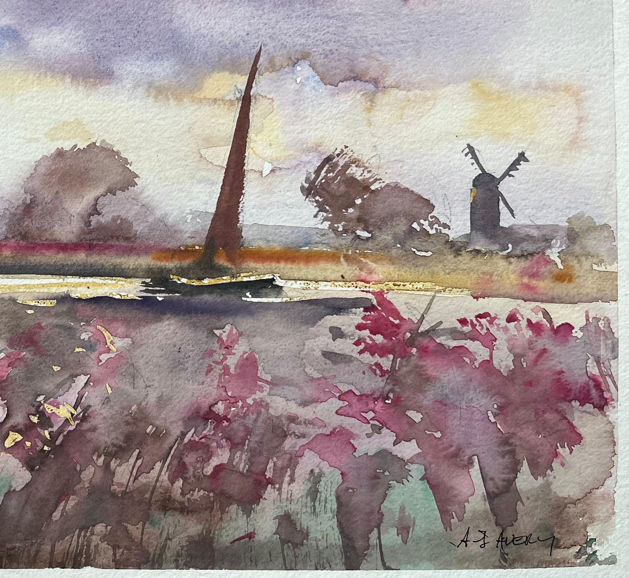 Aquarelle impressionniste britannique d'une scène de campagne avec moulin à vent - Impressionnisme Painting par Anthony Avery