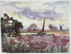 Britisches impressionistisches Aquarell einer Landschaftsssszene mit Windmühle, British Impressionist