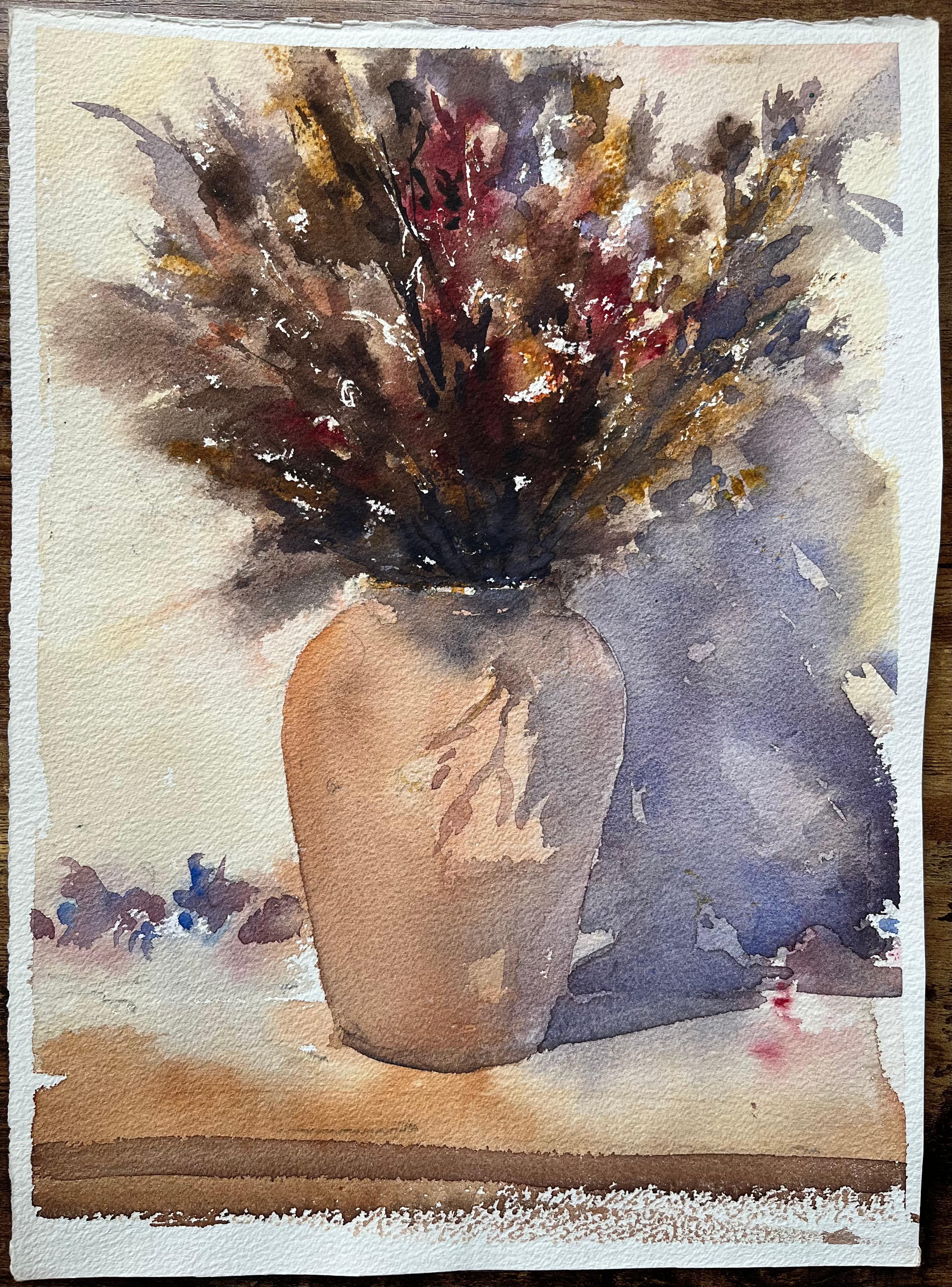 Britischer Impressionist Aquarell eines getrockneten Blumenarrangements in einer Vase – Painting von Anthony Avery
