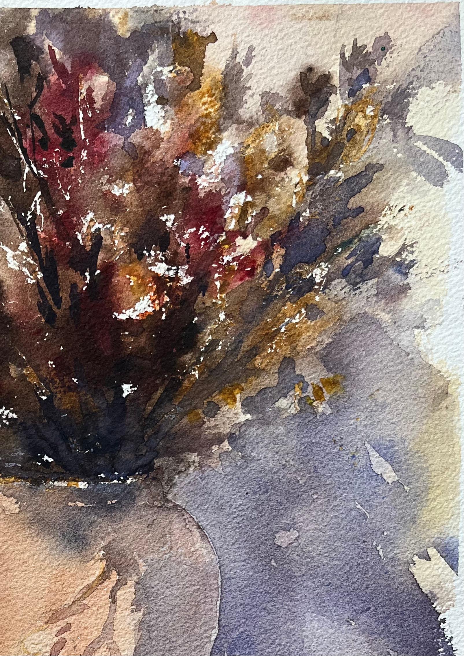 Britischer Impressionist Aquarell eines getrockneten Blumenarrangements in einer Vase (Impressionismus), Painting, von Anthony Avery
