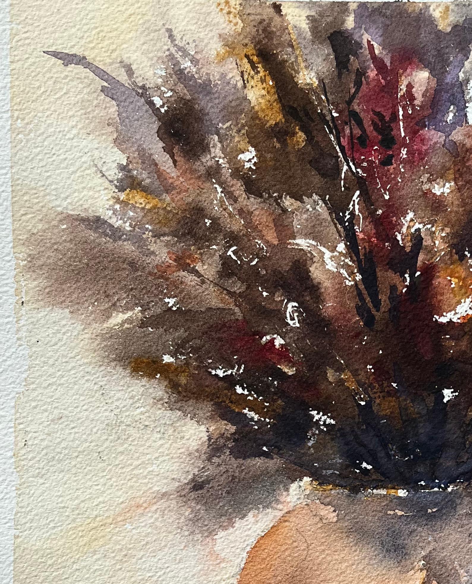 Britischer Impressionist Aquarell eines getrockneten Blumenarrangements in einer Vase (Braun), Landscape Painting, von Anthony Avery