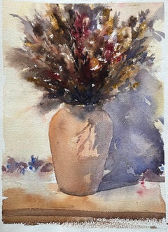 Britischer Impressionist Aquarell eines getrockneten Blumenarrangements in einer Vase