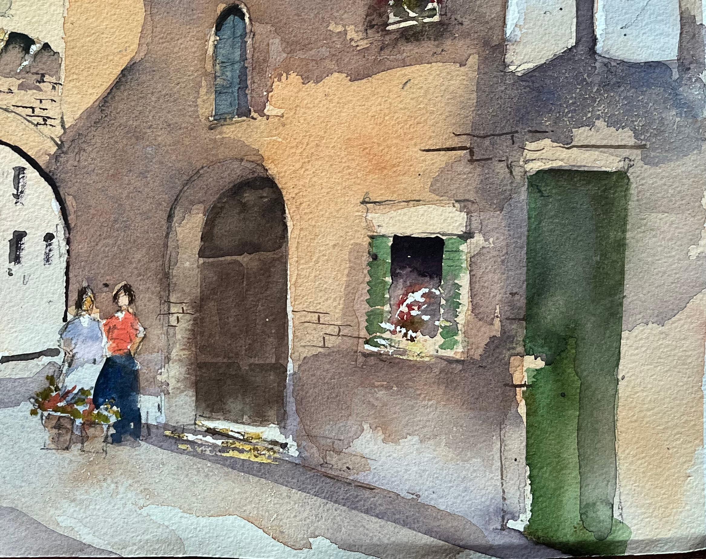 Britischer Impressionist Aquarell eines europäischen Steinbogens Straßenszene – Painting von Anthony Avery