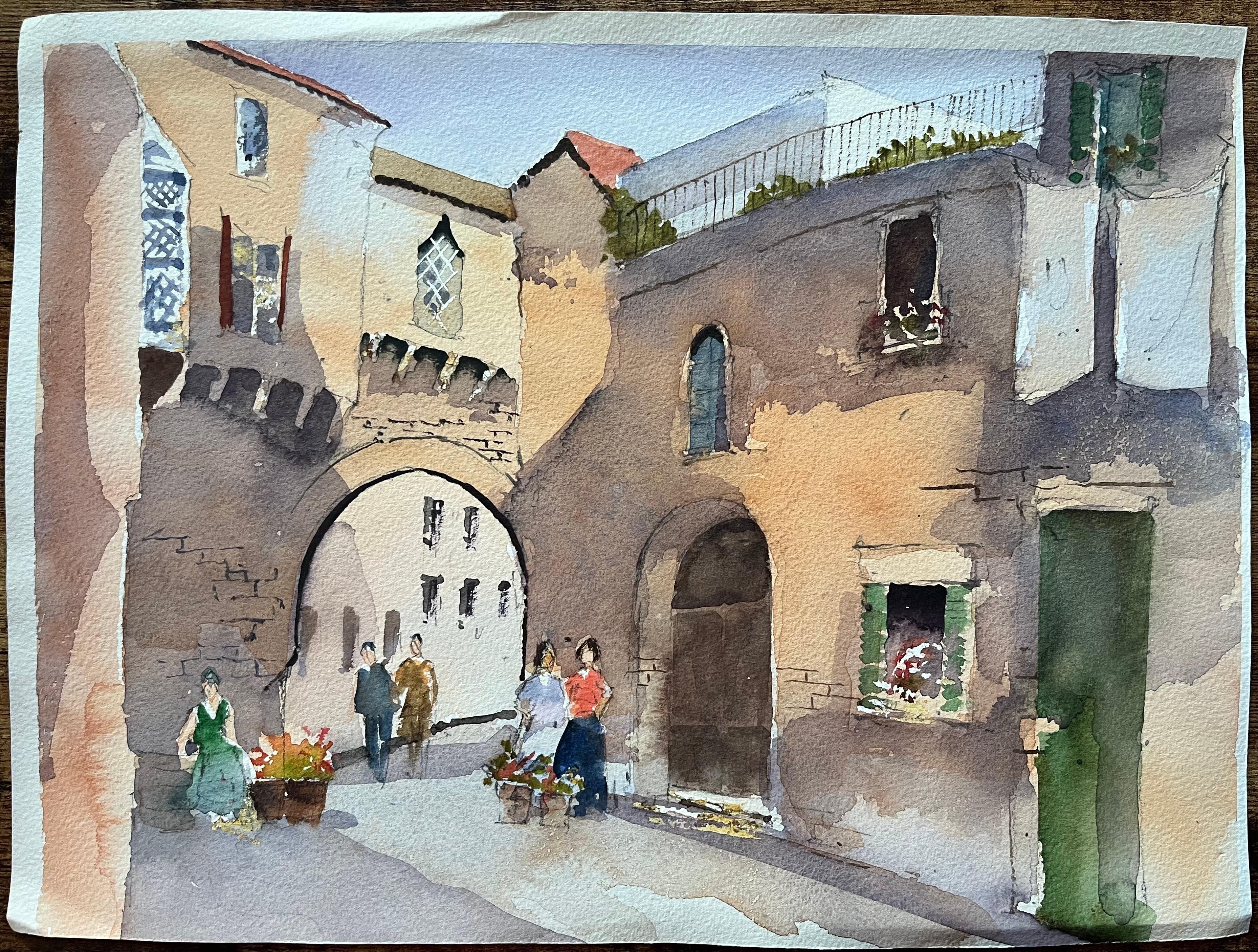 Britischer Impressionist Aquarell eines europäischen Steinbogens Straßenszene (Impressionismus), Painting, von Anthony Avery