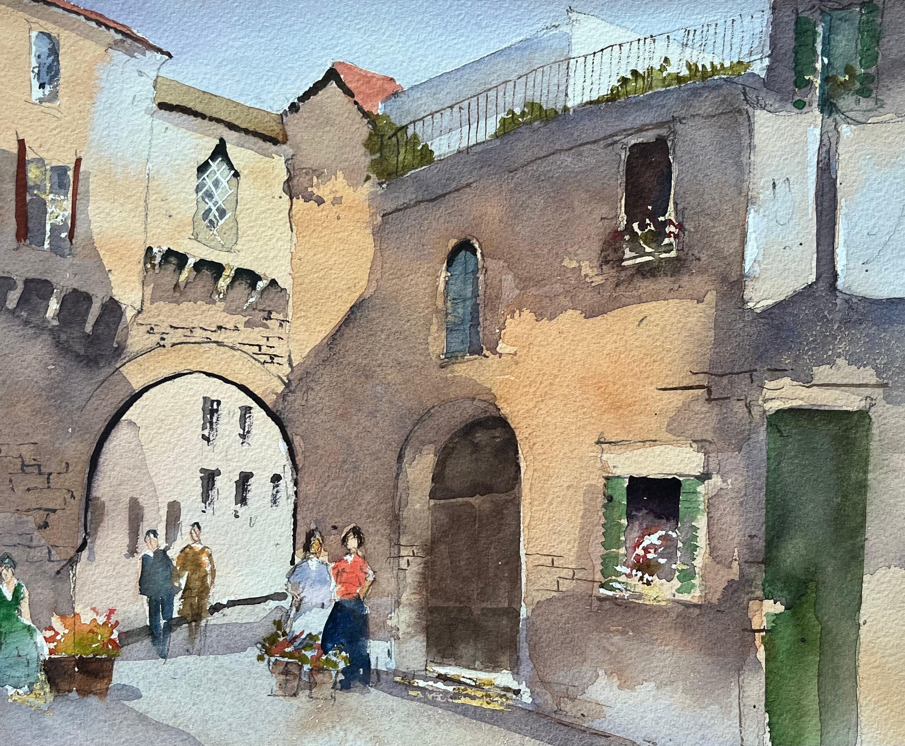 Britischer Impressionist Aquarell eines europäischen Steinbogens Straßenszene (Grau), Landscape Painting, von Anthony Avery