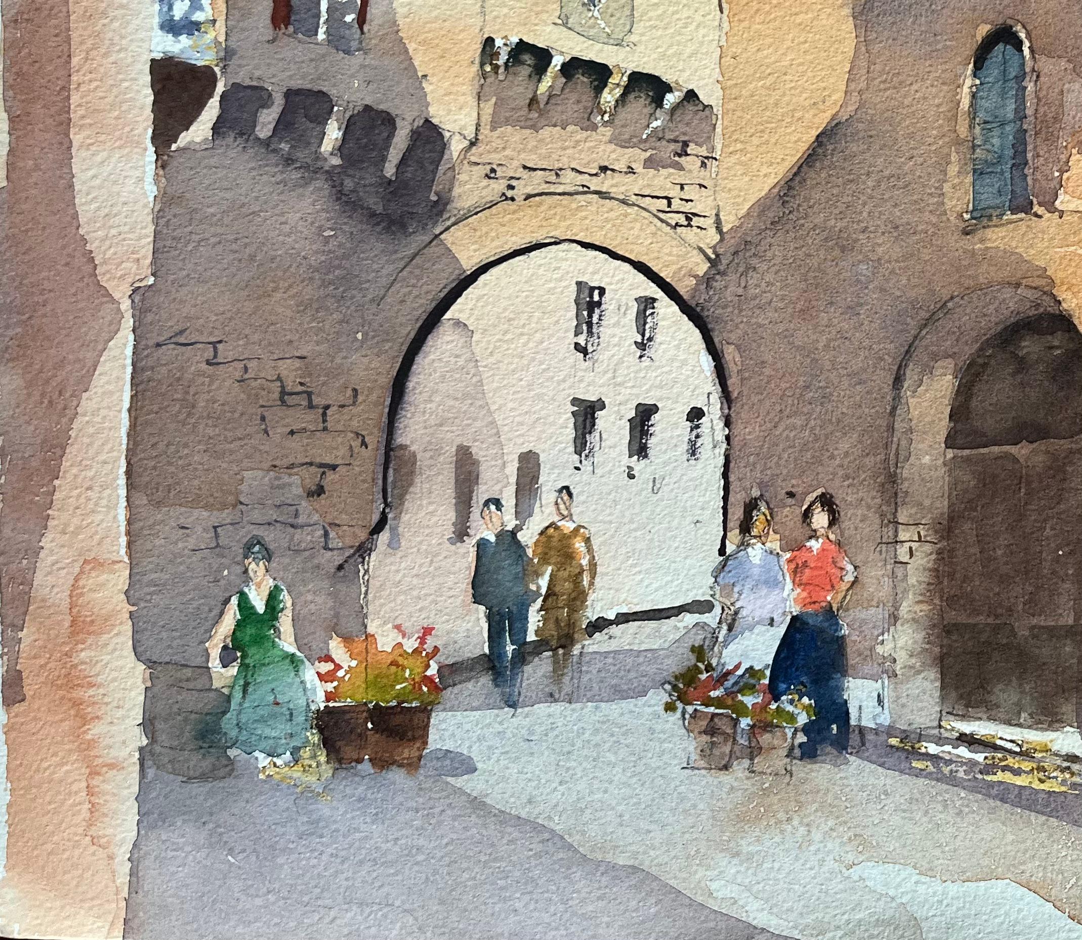 Titel: Britischer Impressionist Aquarell einer europäischen Straßenszene mit Steinbögen
Von Anthony Avery (Brite 1946-2023)
Original-Aquarell auf Künstlerpapier, ungerahmt
Abmessungen: 11,5 x 15,5 Zoll (Höhe x Breite)
Zustand: Gut, mit leichten