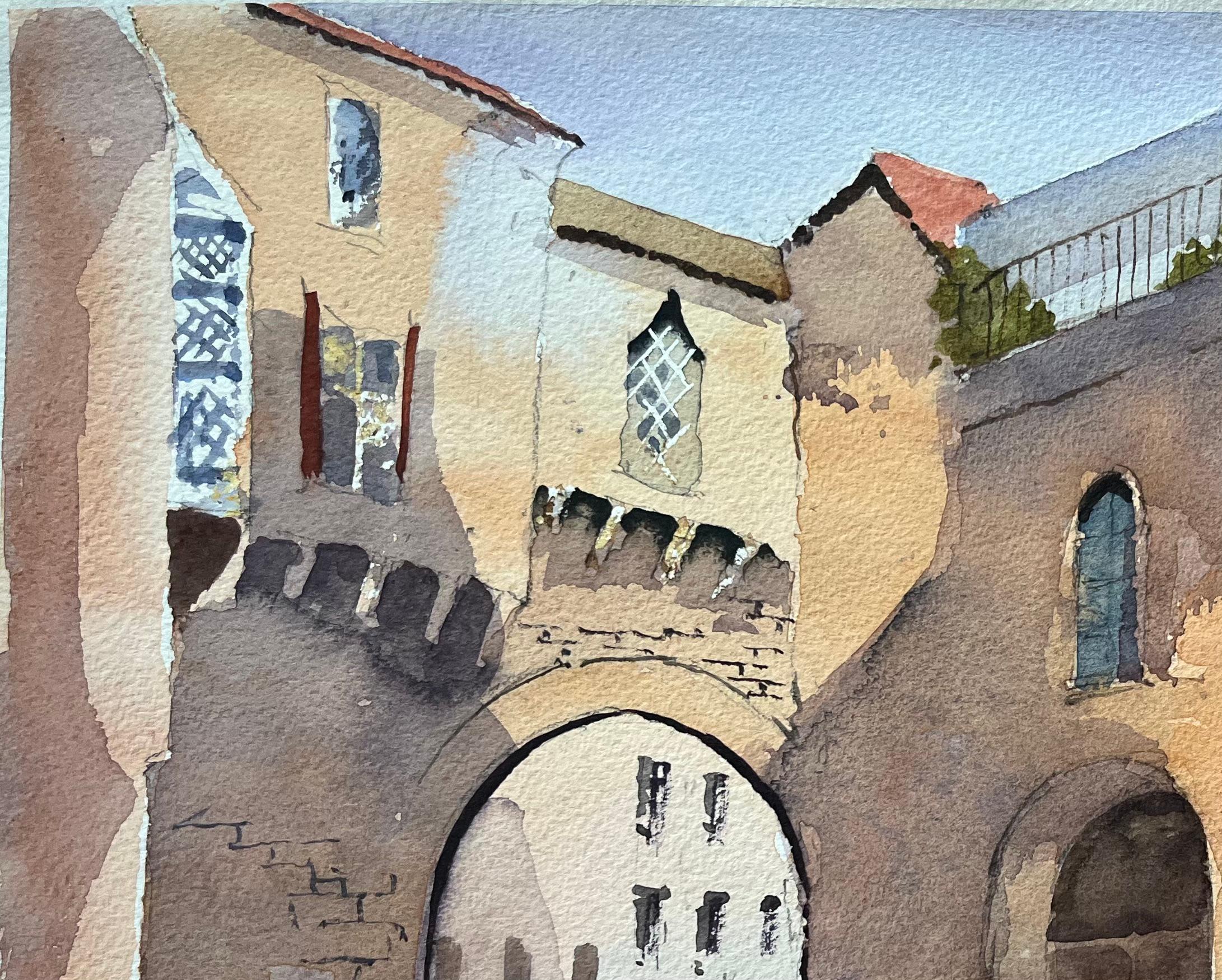 Britischer Impressionist Aquarell eines europäischen Steinbogens Straßenszene im Angebot 1
