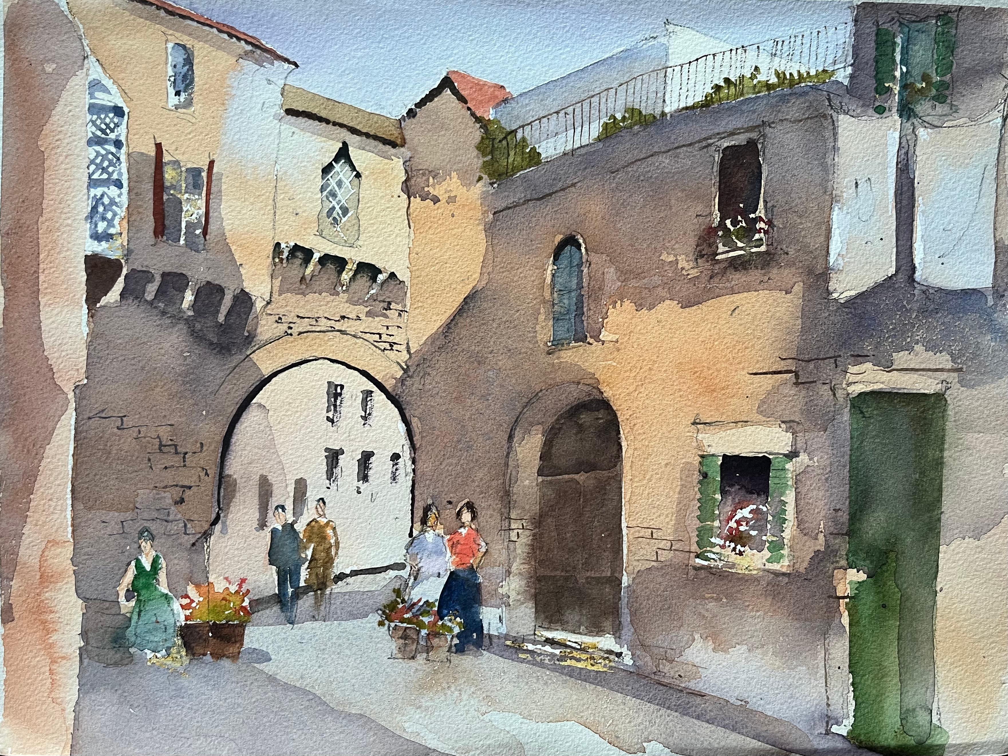 Anthony Avery Landscape Painting – Britischer Impressionist Aquarell eines europäischen Steinbogens Straßenszene