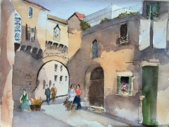 British Impressionist Watercolor of a European Stone Archway Street Scene