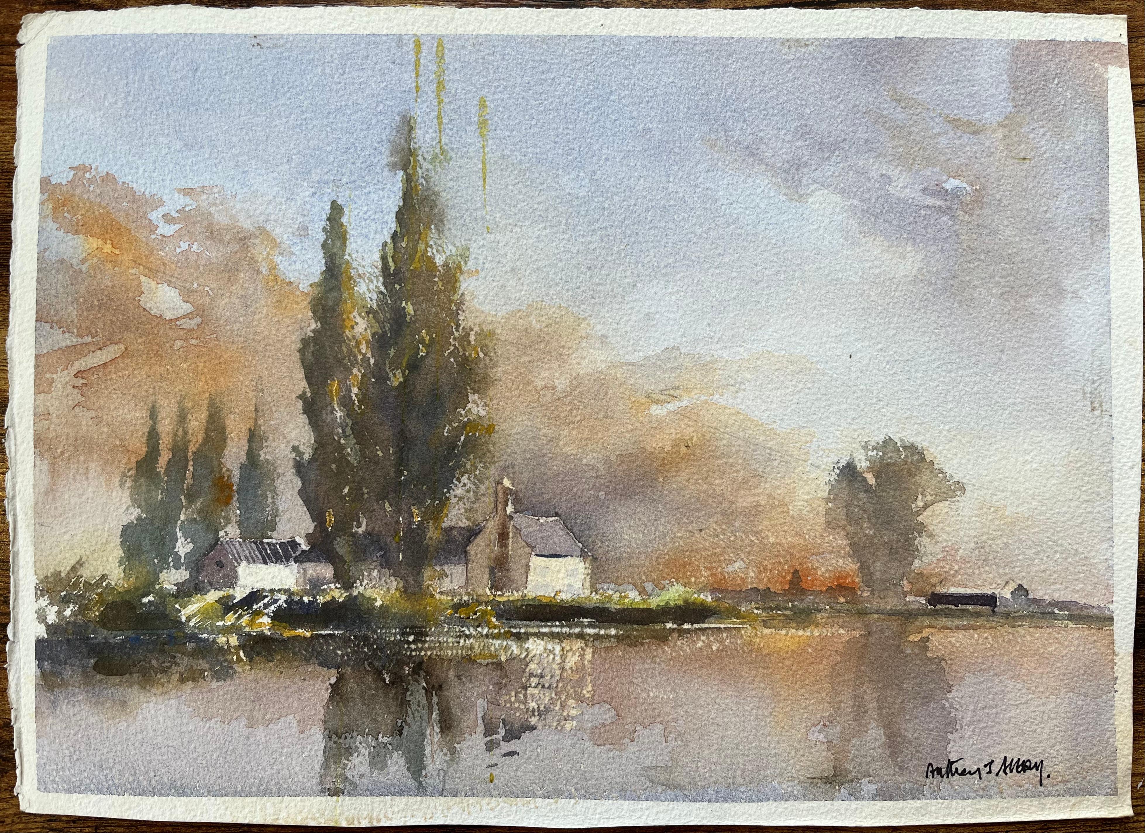 Britisches impressionistisches Aquarell eines Bauernhofs an einem Fluss bei Sonnenuntergang – Painting von Anthony Avery