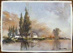 British Impressionist Watercolor of a Farm by a Riverside at Sunset