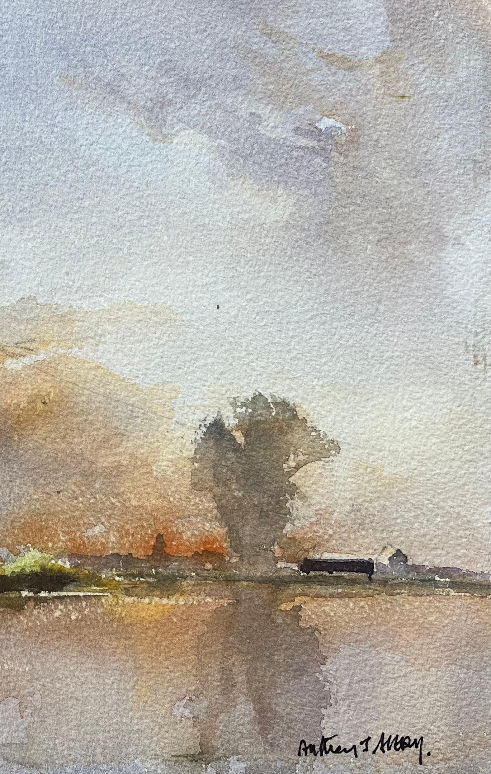 Britisches impressionistisches Aquarell eines Bauernhofs an einem Fluss bei Sonnenuntergang (Impressionismus), Painting, von Anthony Avery