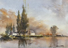 Britisches impressionistisches Aquarell eines Bauernhofs an einem Fluss bei Sonnenuntergang
