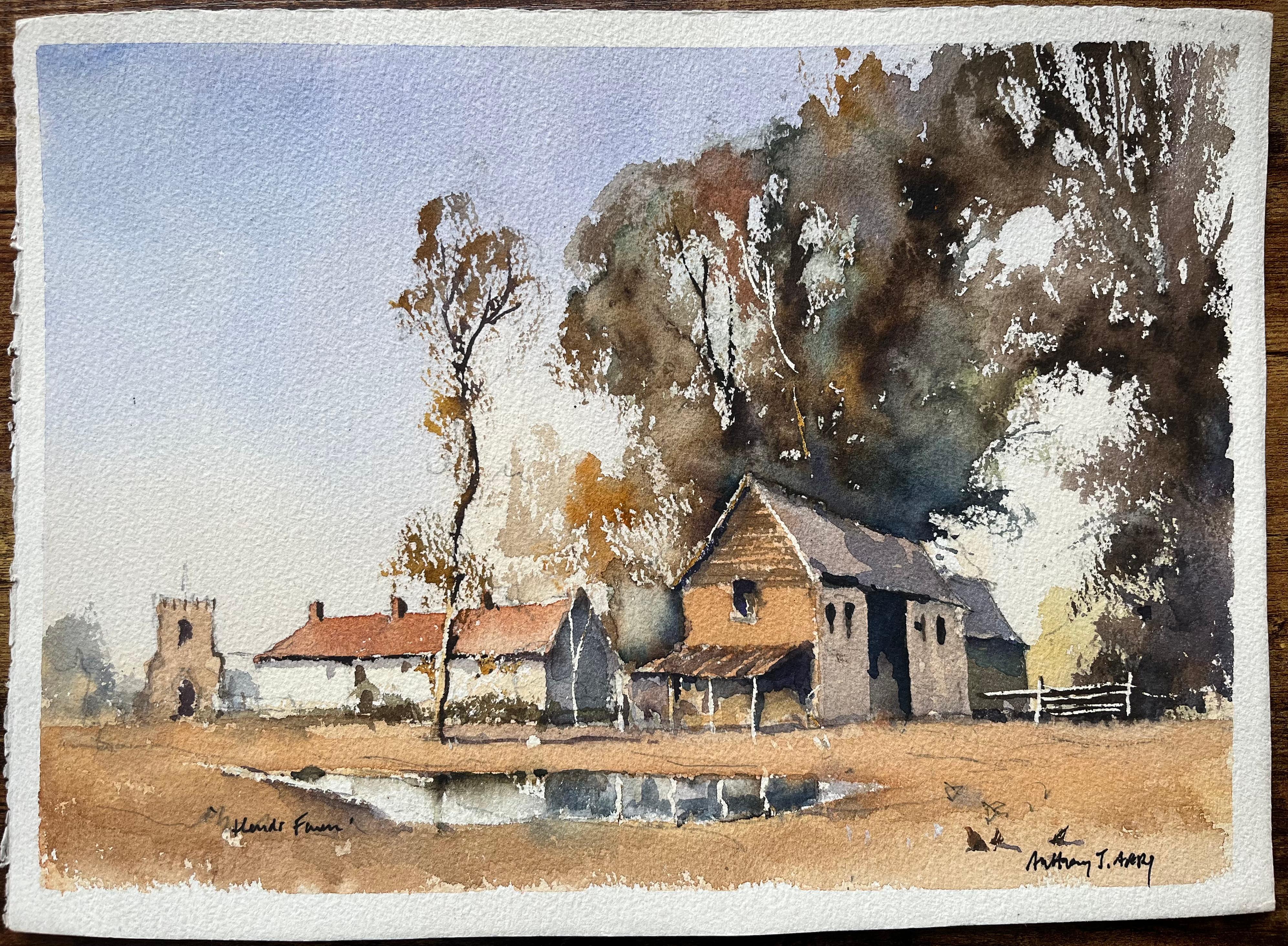 Aquarelle impressionniste britannique d'une cour de ferme avec dépendances et Church's - Painting de Anthony Avery