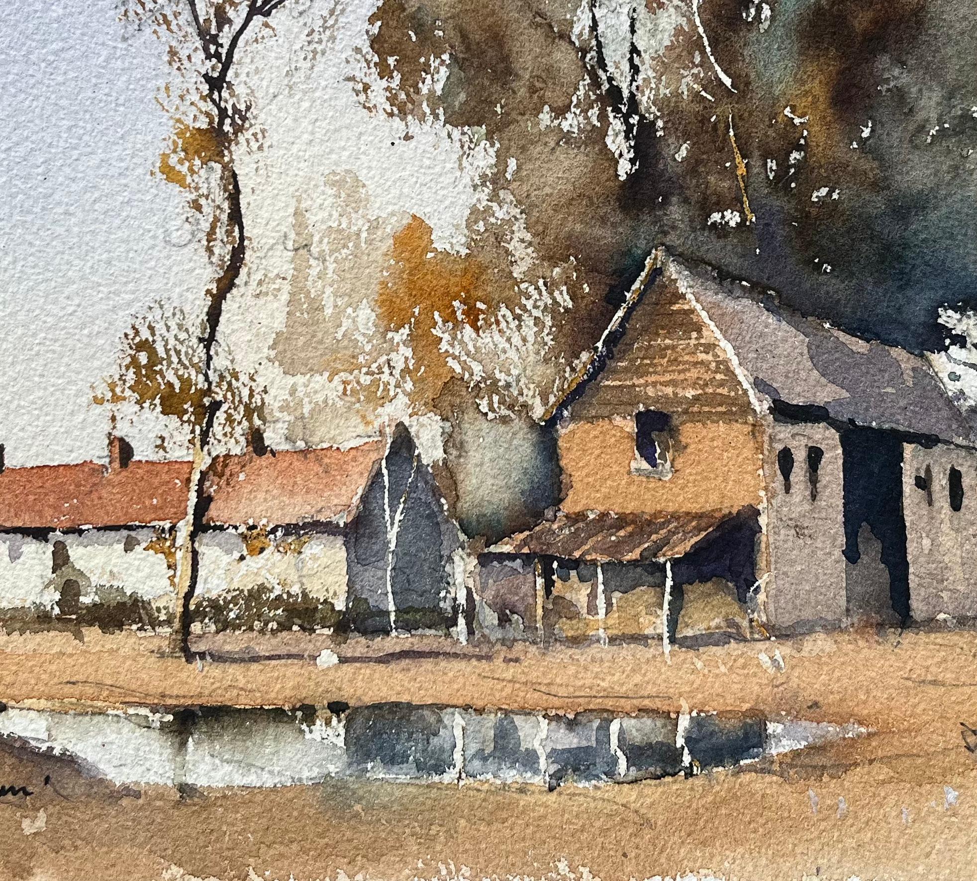 Titre : Aquarelle impressionniste britannique d'une cour de ferme avec dépendances et Church's
Par Anthony Avery (britannique 1946-2023)
Aquarelle originale sur papier d'artiste, non encadrée
Dimensions : 11,5 x 15,25 pouces (hauteur x