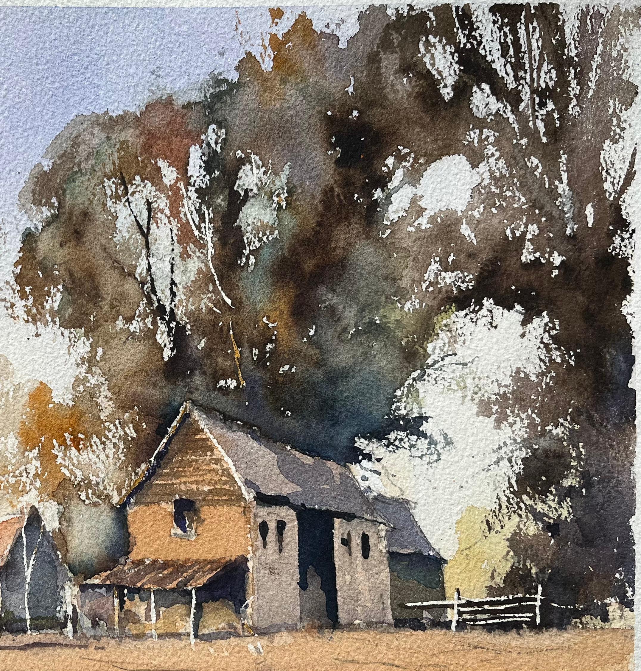 Aquarelle impressionniste britannique d'une cour de ferme avec dépendances et Church's en vente 1