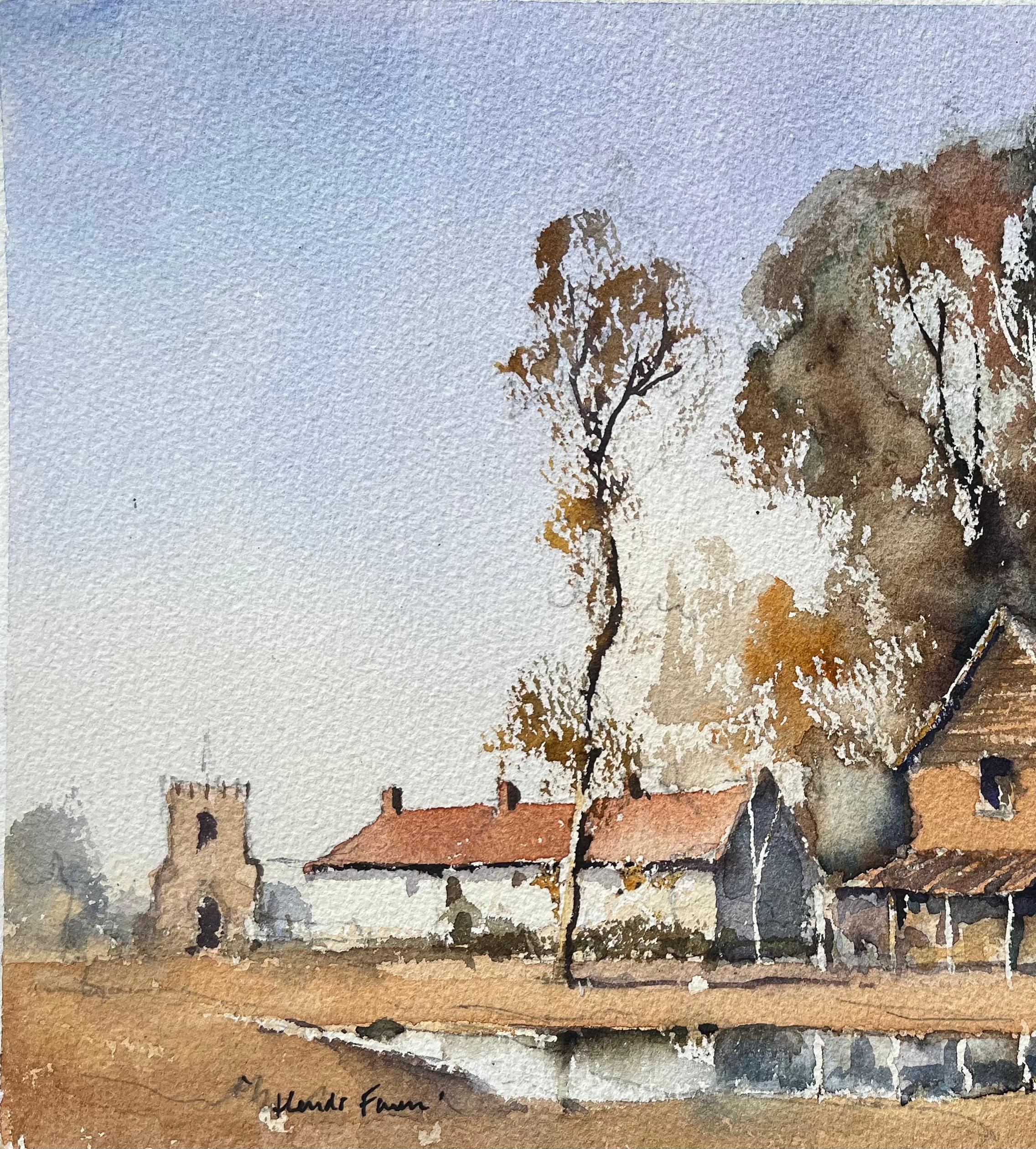 Aquarelle impressionniste britannique d'une cour de ferme avec dépendances et Church's en vente 2