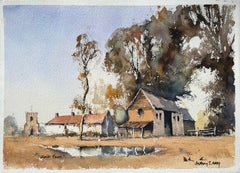 British Impressionist Watercolor of a Farm Yard with Outbuildings and Church