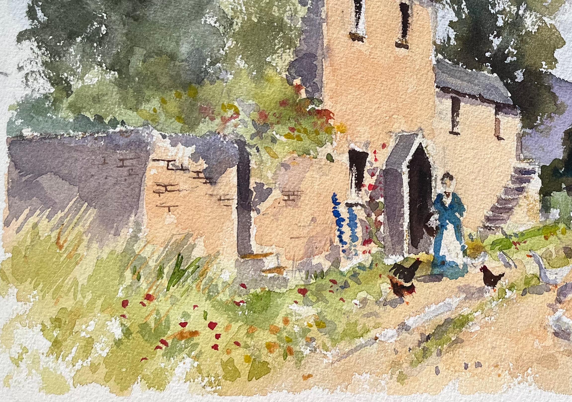 Titel: Britischer Impressionist Aquarell eines Bauernhauses mit einer Figur, die Hühner füttert
Von Anthony Avery (Brite 1946-2023)
Original-Aquarell auf Künstlerpapier, ungerahmt
Unterschrieben: Ja
Abmessungen: 11 x 15,5 Zoll (Höhe x